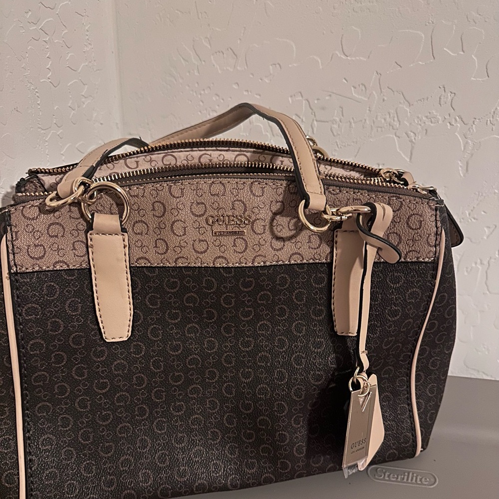 Guess Black and Tan Satchel with Structured Design
